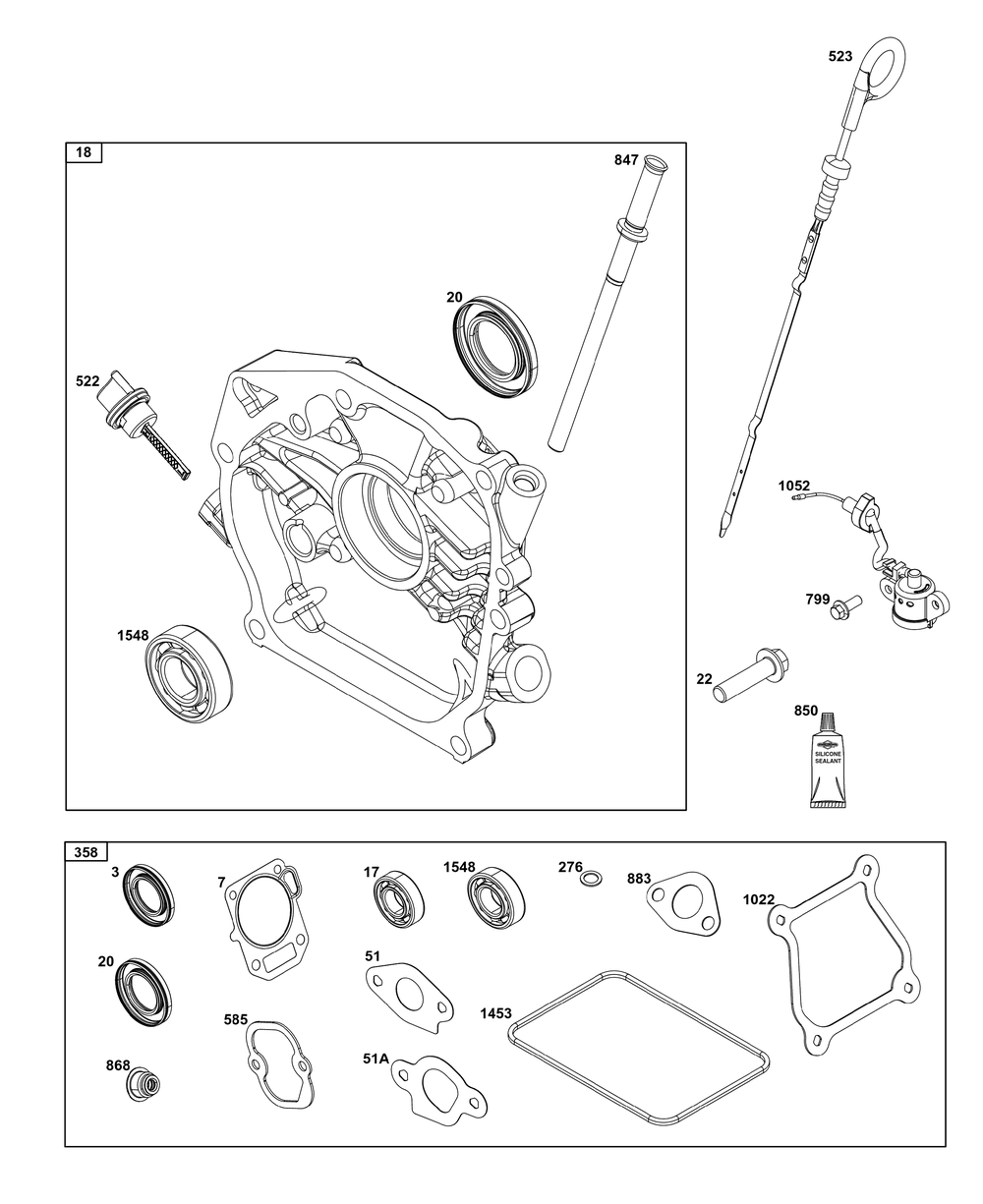 Crankcase Cover/Sump And Lubrication Group Diagram and Parts List for 12V332-0129-01 100000 - 19Z999 Briggs and Stratton Engine